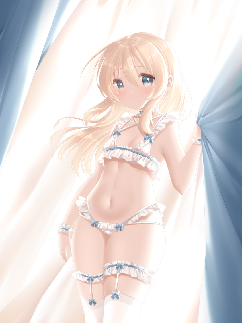 1girl, blonde_hair, blue_eyes, bra, breasts, collarbone, highres, kanda_kaname
