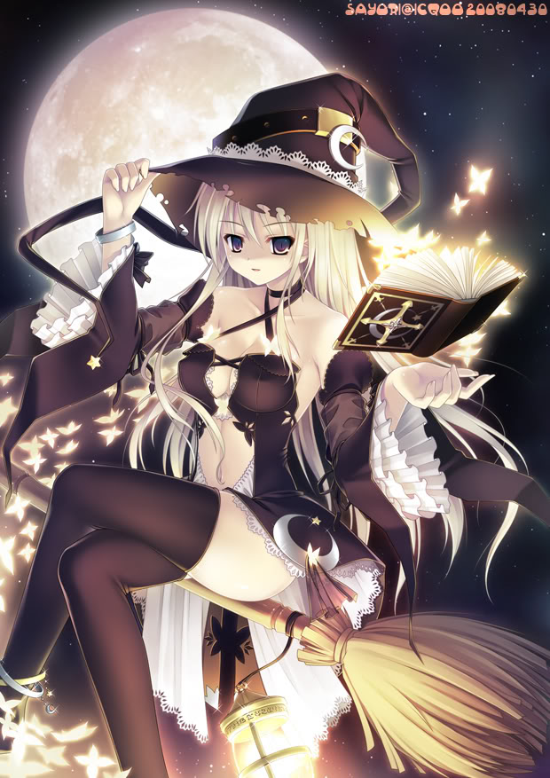 book, broom, broom_riding, butterfly, cleavage, moon, night, silver_hair