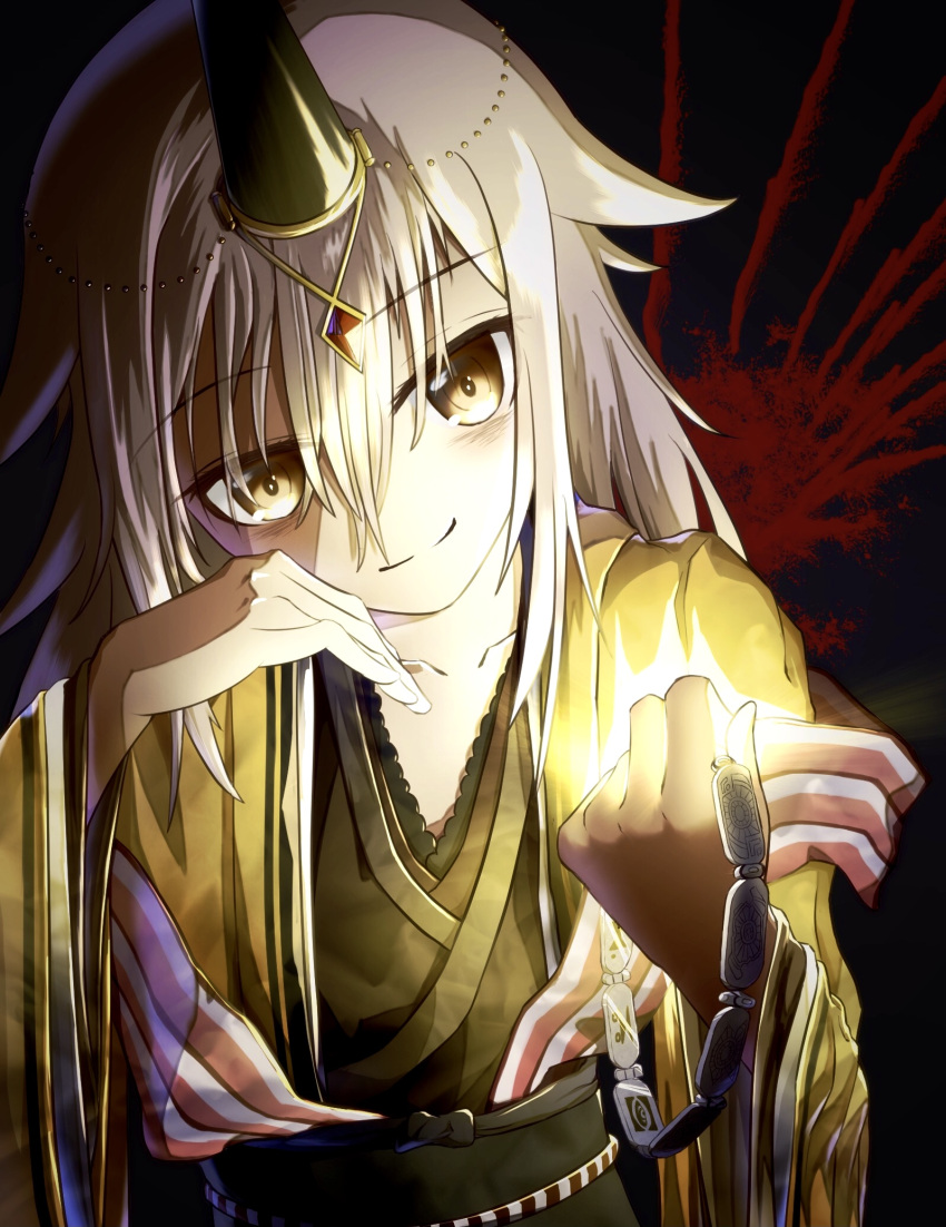 1girl, bags_under_eyes, bracelet, daifuku_(fd0925fd0925fd), dark, grey_hair, hand_on_own_cheek, hand_on_own_face, highres, holding, horns, japanese_clothes, jewelry, kureha_yuna, long_hair, magia_record:_mahou_shoujo_madoka_magica_gaiden, magical_girl, mahou_shoujo_madoka_magica, oni, shading, single_horn, smile, solo, wide_sleeves, yellow_eyes