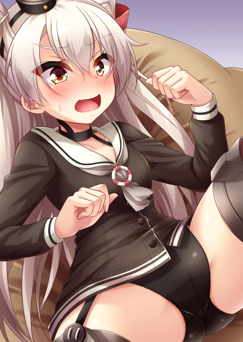 1girl, amatsukaze_(kancolle), black_panties, blush, brown_dress, dress, embarrassed, eyebrows_visible_through_hair