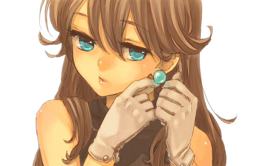 adjusting_earrings, blue_(pokemon), blue_eyes, brown_hair, earrings, gloves, jewelry, kumatani