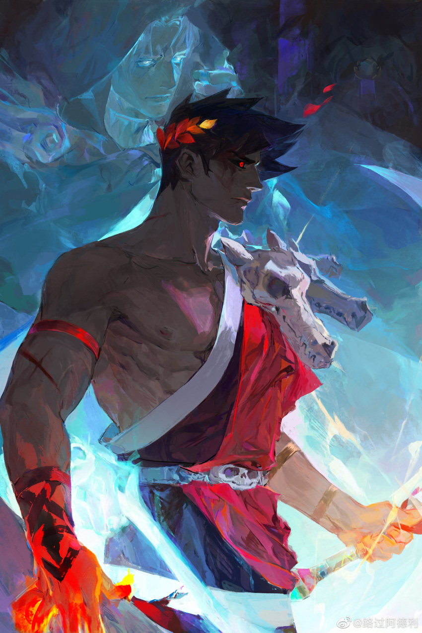 1boy, absurdres, animal_skull, bare_pectorals, black_hair, black_sclera, blood, colored_sclera