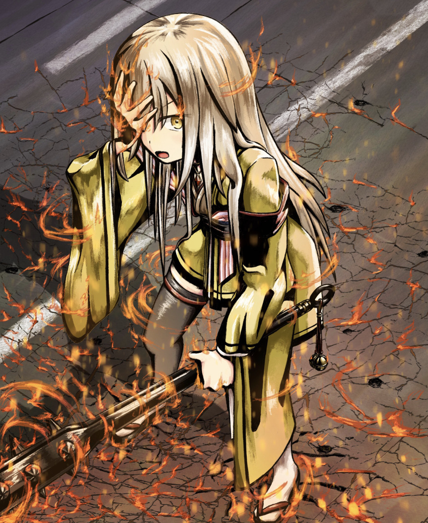 1girl, absurdres, club_(weapon), cracked_floor, daifuku_(fd0925fd0925fd), fire, from_above, grey_hair