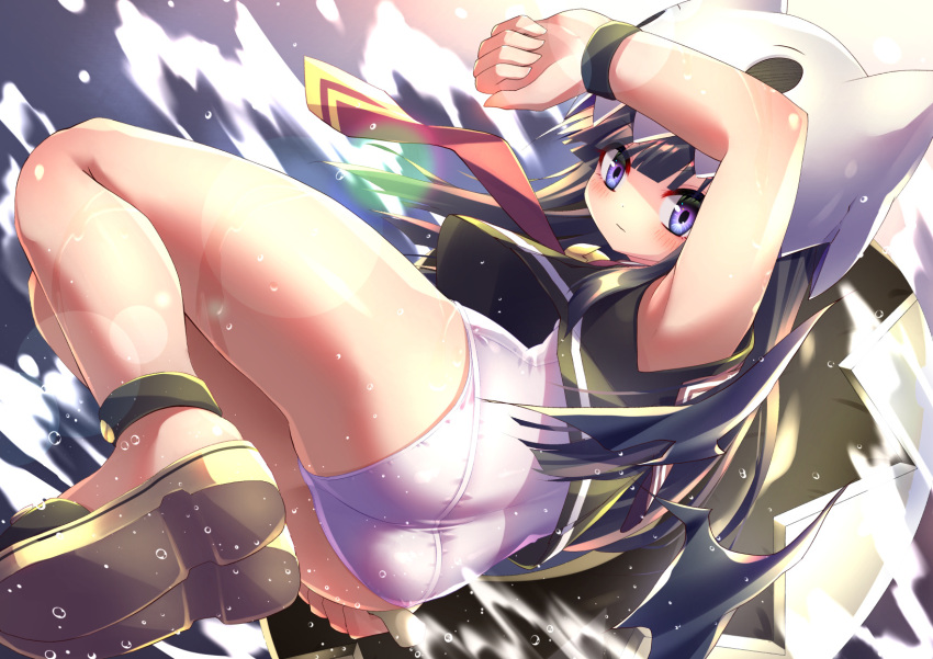 1girl, arm_up, armpits, ass, black_hair, black_shirt, clenched_hands, demon_wings