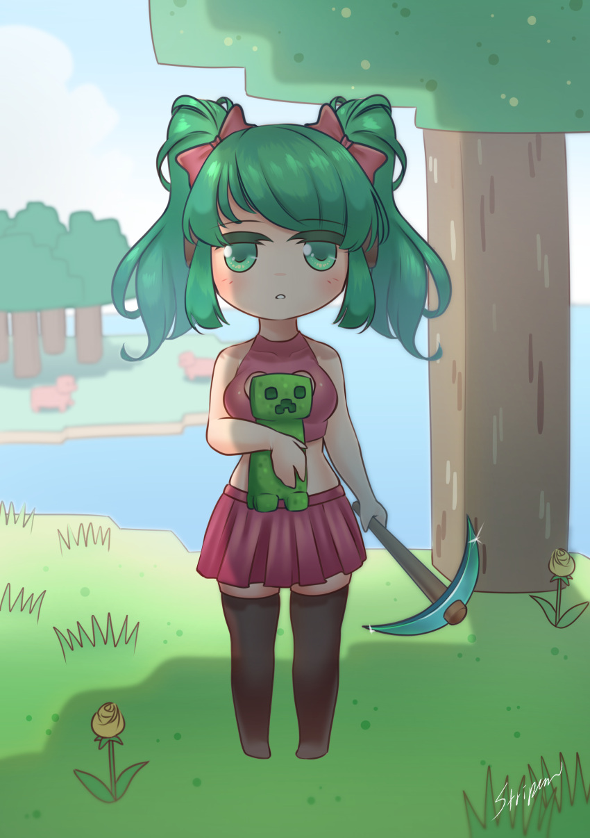 1girl, absurdres, animal, chibi, creeper, cute, day, grass