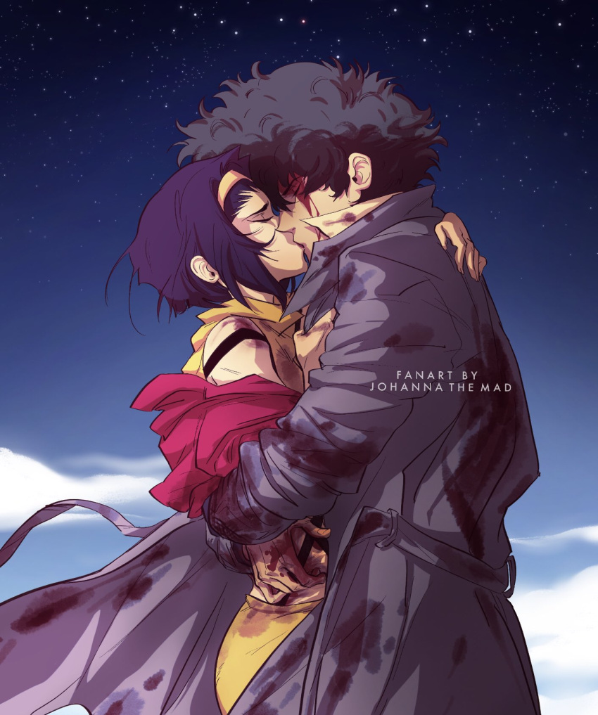 1boy, 1girl, blood, closed_eyes, clouds, cowboy_bebop, ears, faye_valentine, hetero, highres, johannathemad, kiss, purple_hair, spike_spiegel, star_(sky)