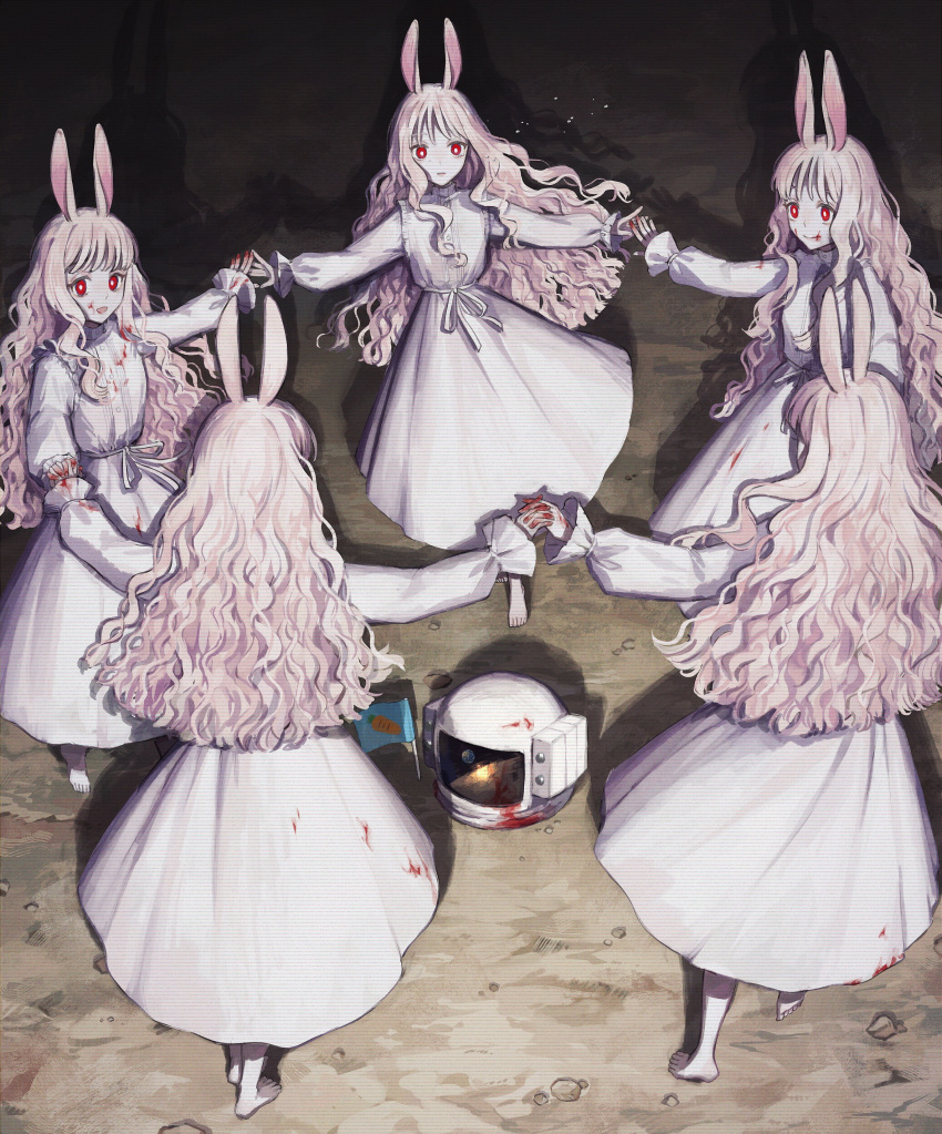 5girls, absurdres, albino, animal_ears, barefoot, blood, blood_on_clothes, blood_on_face