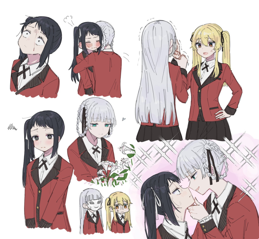 4girls, @_@, anger_vein, aqua_eyes, ayasuba_love, black_hair, blonde_hair, blush