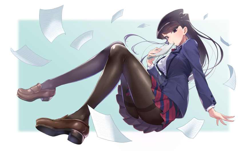 1girl, absurdres, bangs, black_eyes, black_hair, black_legwear, blue_jacket, blush