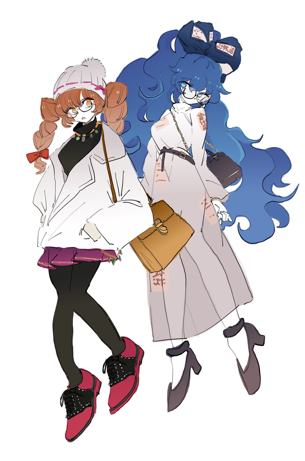 2girls, bag, belt, black_legwear, black_shirt, blue_eyes, blue_hair, bow, colored_skin, dress, drill_hair, glasses, grey_dress, hair_bow, handbag, high_heels, highres, jacket, jewelry, light_brown_hair, long_dress, long_hair, looking_at_viewer, magenta_skirt, miniskirt, multiple_girls, necklace, orange_eyes, pantyhose, red_footwear, ribbon, see-through_dress, shirt, shoes, simple_background, skirt, touhou, twin_drills, white_background, white_jacket, white_skin, yorigami_jo'on, yorigami_shion, zenritsu