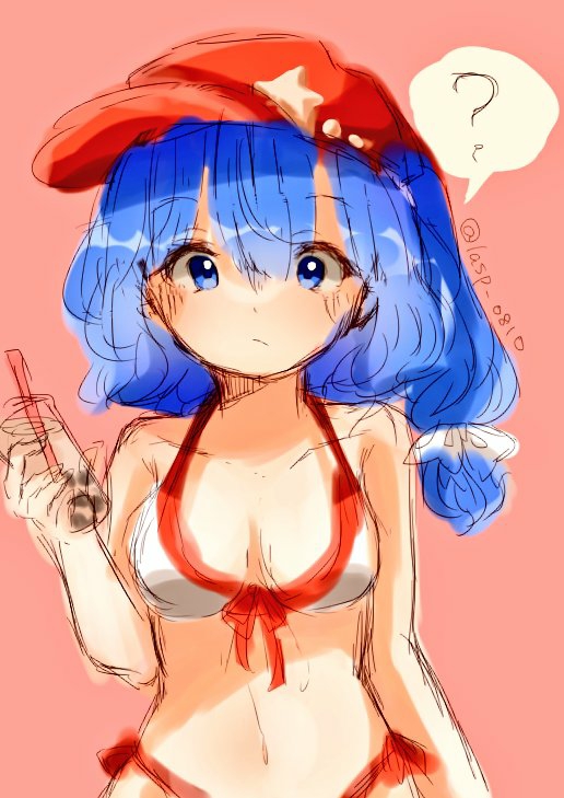 1girl, ?, adapted_costume, bikini, blue_eyes, blue_hair, breasts, cabbie_hat