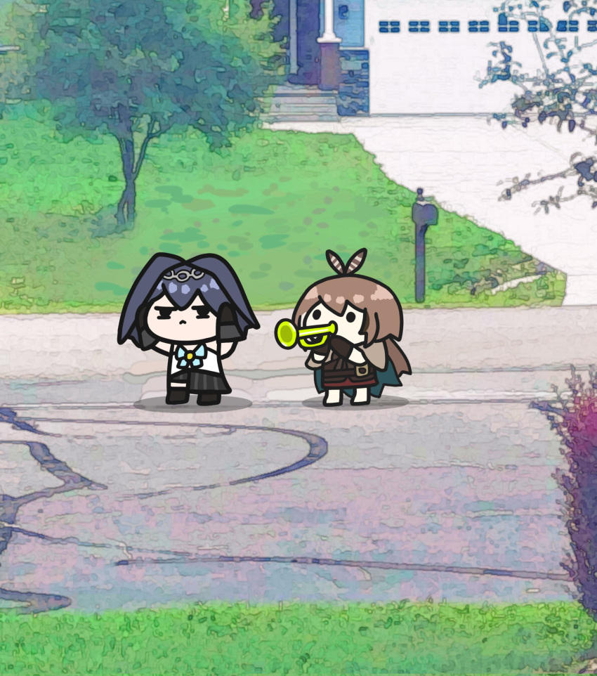 2girls, :<, annoyed, barefoot, belt, black_gloves, blue_bow, blue_hair