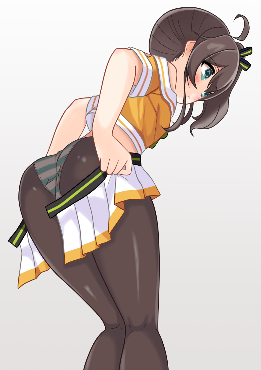 1girl, absurdres, ahoge, ass, bangs, bent_over, black_legwear, black_ribbon, blue_eyes, brown_hair, crop_top, cropped_jacket, from_behind, hair_between_eyes, hair_ribbon, highres, hololive, jacket, looking_to_the_side, medium_hair, miniskirt, mitsuboshi_nuko, natsuiro_matsuri, off-shoulder_jacket, off_shoulder, orange_jacket, panties, panties_under_pantyhose, pantyhose, pantyshot, pleated_skirt, ribbon, short_sleeves, side_ponytail, skirt, solo, striped, striped_panties, underwear, undressing, virtual_youtuber, white_skirt