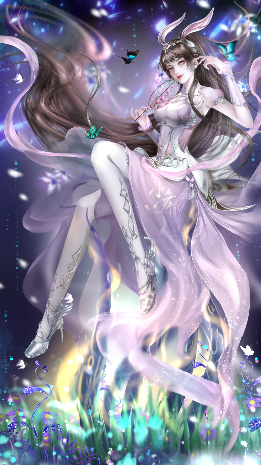 1girl, absurdres, animal_ears, brown_hair, bug, butterfly, douluo_dalu, dress