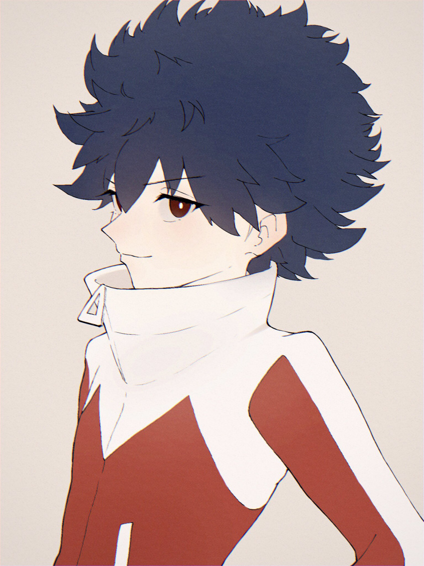1boy, bangs, black_hair, bright_pupils, closed_mouth, commentary_request, good_brothers_day, grey_background