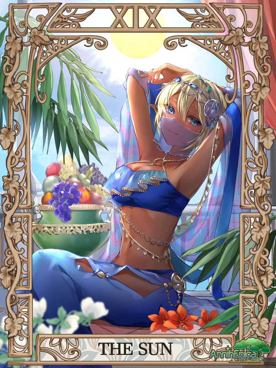 1girl, apple, arms_up, blonde_hair, blue_eyes, commentary_request, dancer, dark-skinned_female