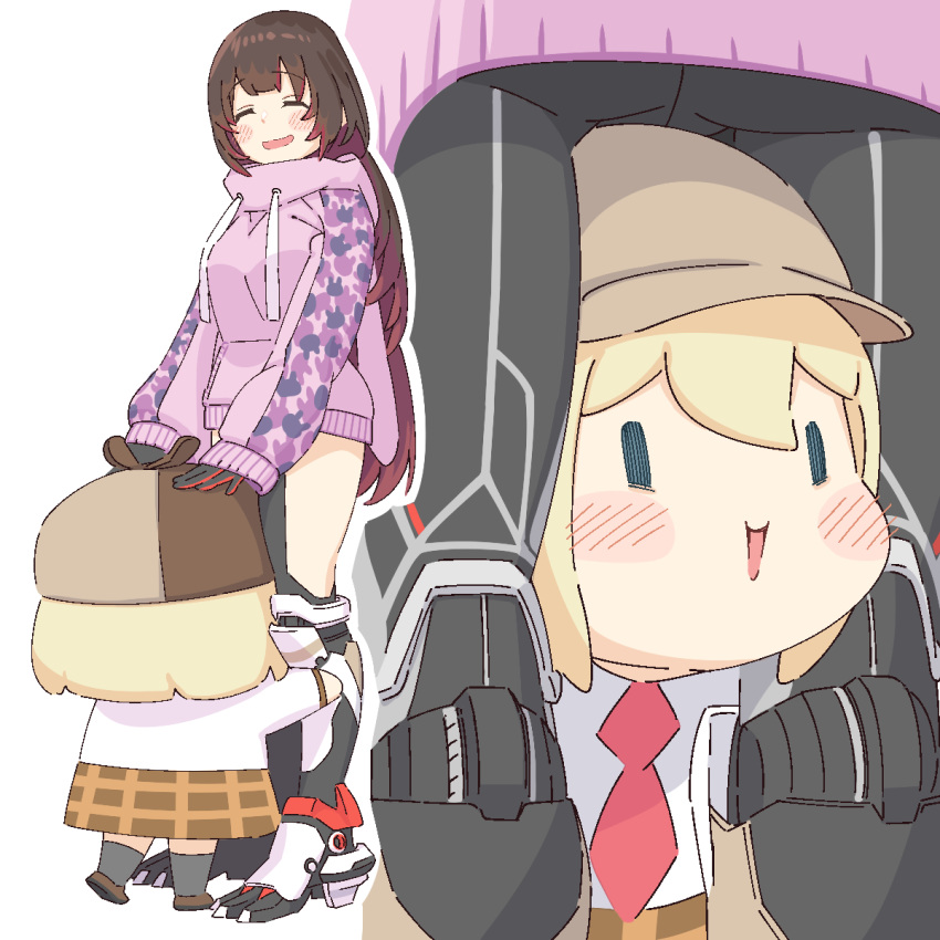 2girls, :>, android, blonde_hair, blush, brown_hair, closed_eyes, commentary