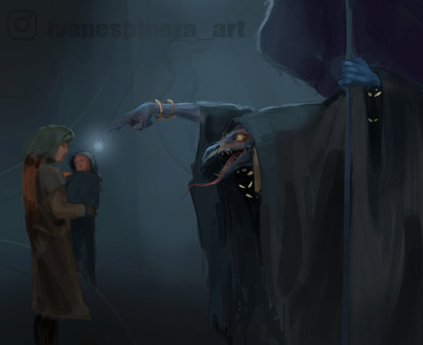 beak, blue_skin, bracelet, brown_dress, chaos_(warhammer), colored_skin, copyright_name, dangle_earrings