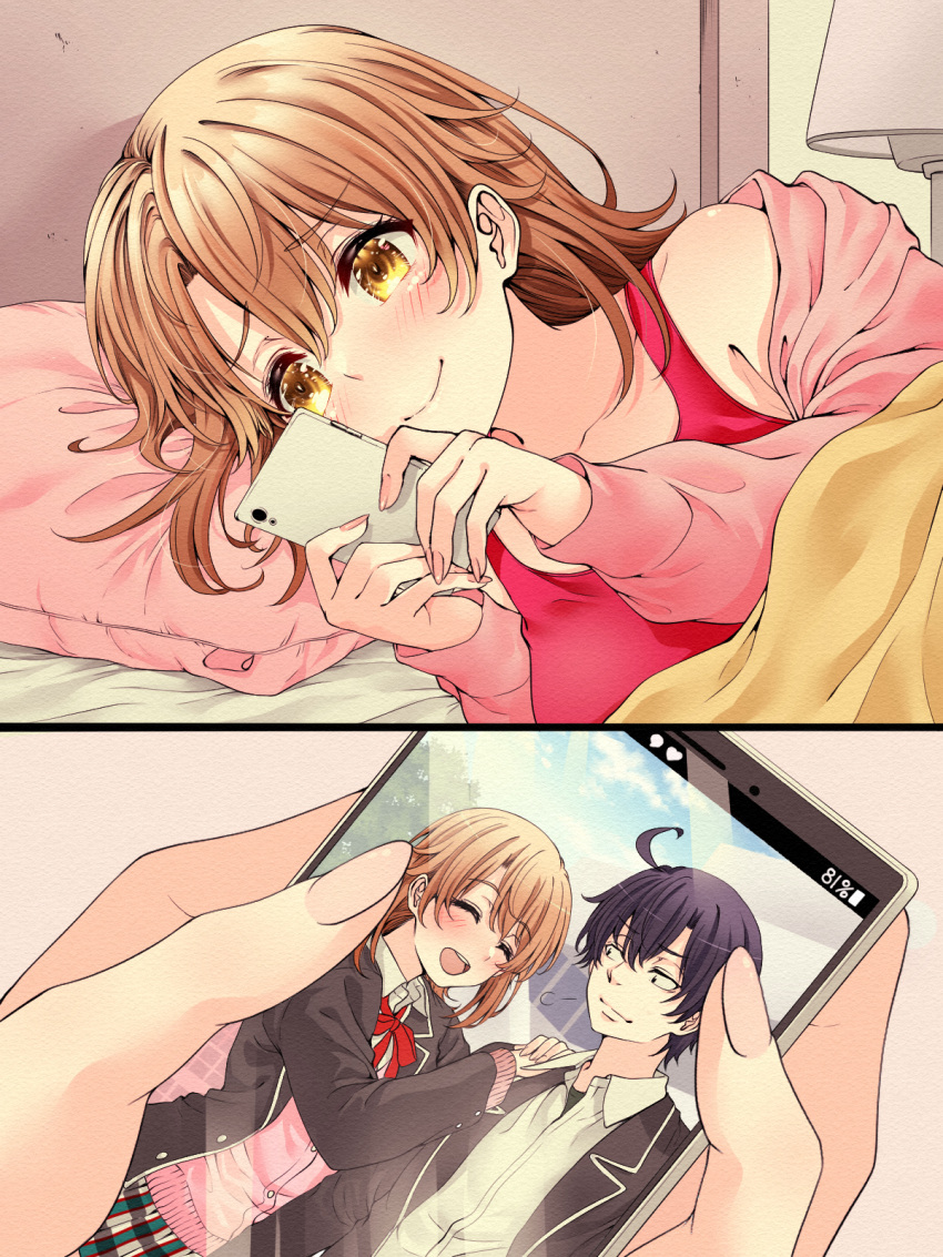 1girl, :d, ^_^, bangs, bed_sheet, black_hair, black_jacket, blush