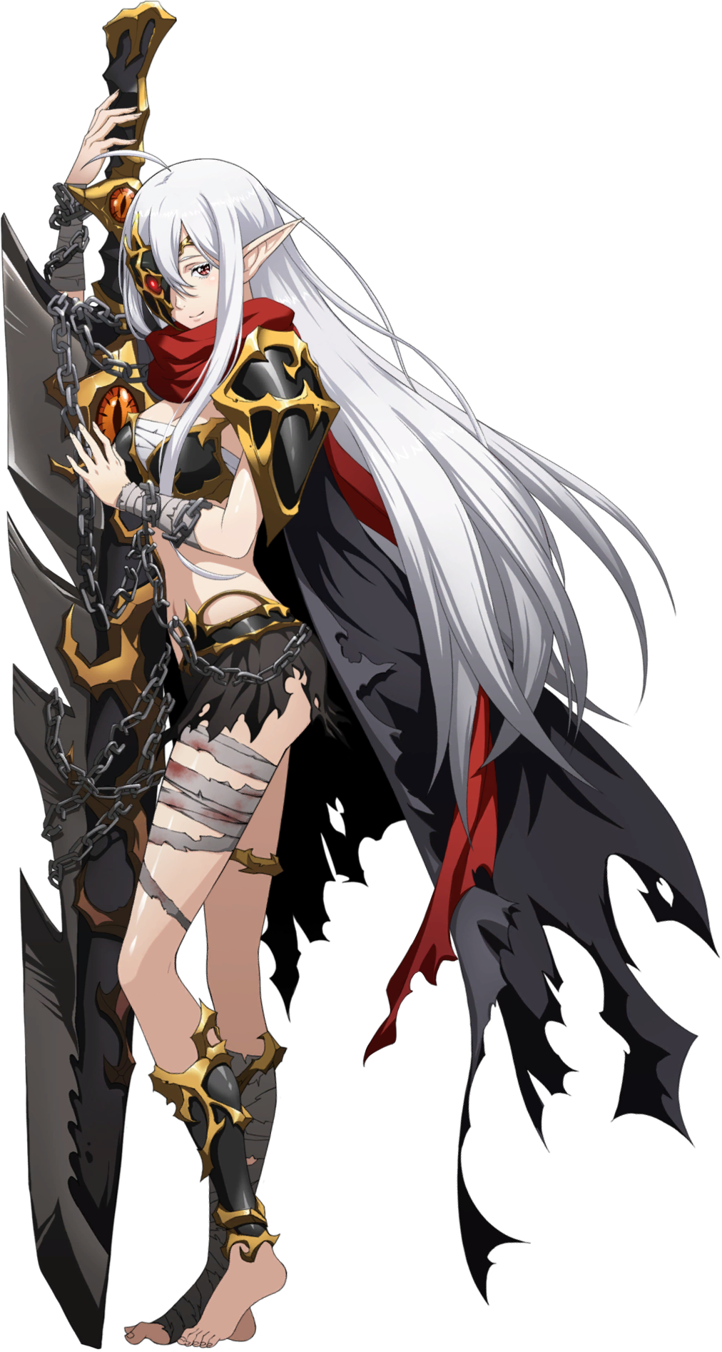 1girl, ahoge, armor, bandaged_arm, bandaged_leg, bandages, bangs, barefoot, bikini_armor, chain, closed_mouth, full_body, hair_between_eyes, highres, holding, holding_sword, holding_weapon, langrisser, langrisser_mobile, long_hair, mask, official_art, pointy_ears, red_eyes, red_scarf, sarashi, scarf, shiny, shiny_hair, shoulder_armor, silver_hair, smile, solo, standing, straight_hair, sword, thighlet, transparent_background, very_long_hair, weapon, zerida