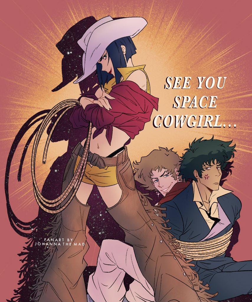 1girl, 2boys, andy_von_de_oniyate, blonde_hair, bound, cowboy_bebop, cowboy_hat, crossed_arms