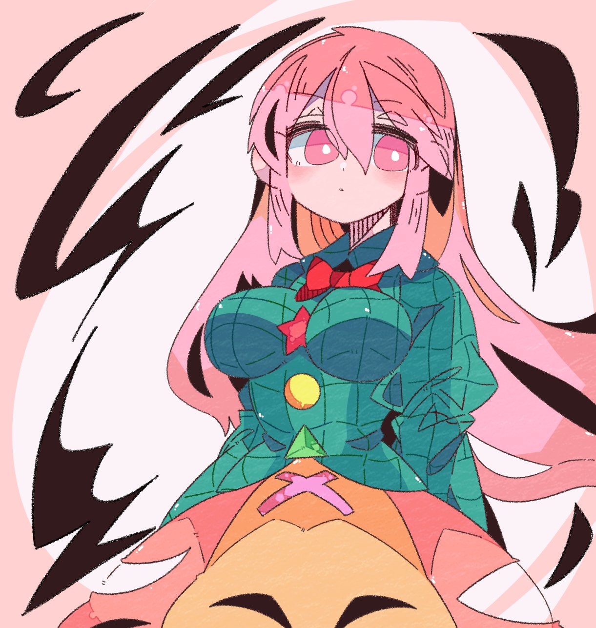 1girl, bangs, bow, bowtie, breasts, bright_pupils, bubble_skirt, circle
