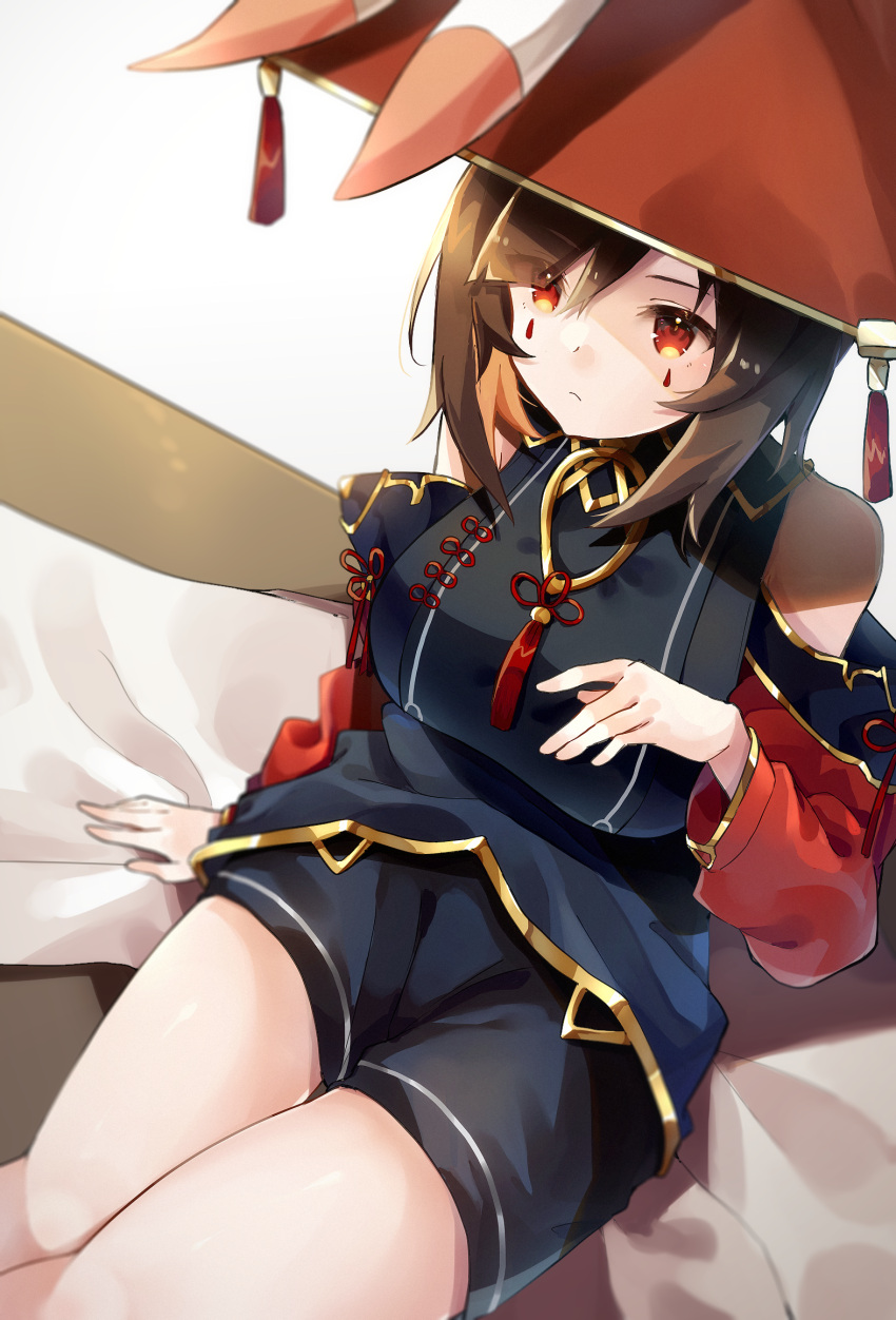 1girl, bare_shoulders, black_hair, black_pants, breasts, brown_hair, expressionless, eyebrows_visible_through_hair