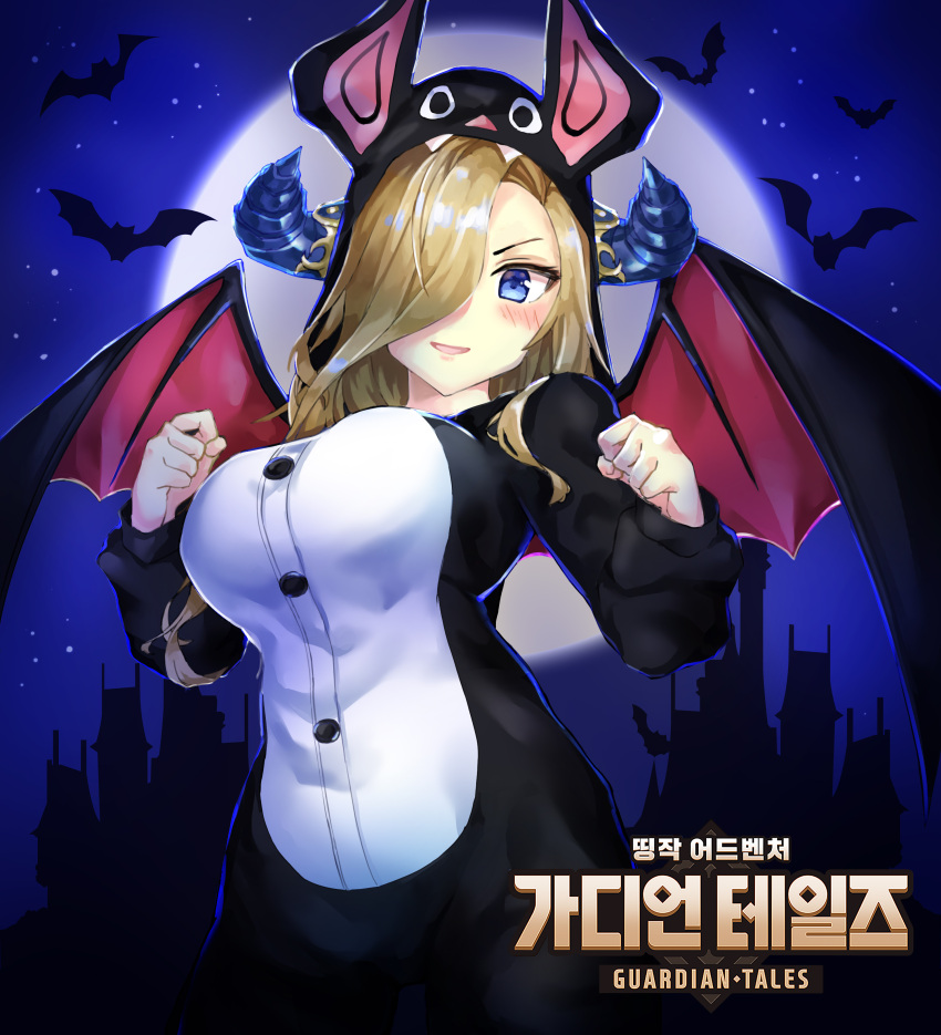 1girl, absurdres, animal_ears, bat_costume, bat_ears, bat_wings, blonde_hair, blue_horns