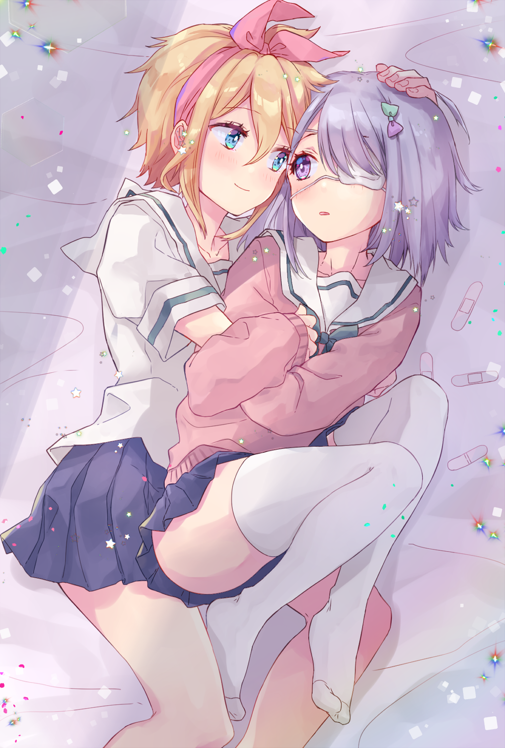 2girls, amagai_kosame, bangs, bed, bed_sheet, blonde_hair, blue_choker, blush