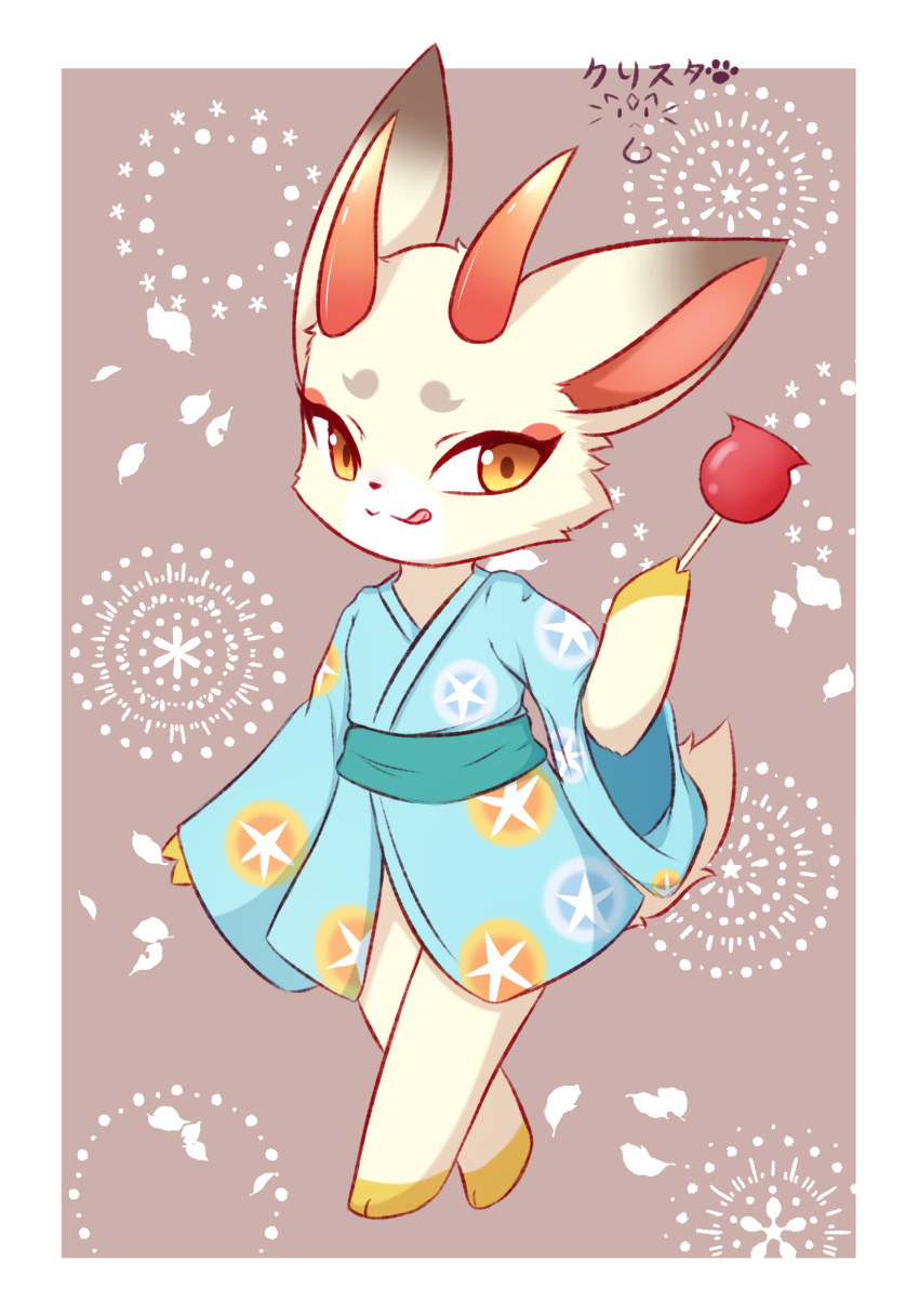 1girl, :3, absurdres, animal_crossing, animal_ears, animal_feet, animal_hands, animal_nose, artist_name, blue_kimono, body_fur, border, brown_background, brown_fur, candy_apple, closed_mouth, deer_ears, deer_tail, eyeshadow, flat_chest, food, full_body, furry, furry_female, gradient_horns, hand_up, happy, highres, holding, holding_food, horns, japanese_clothes, kimono, kryztar, licking_lips, long_sleeves, looking_to_the_side, makeup, multicolored_horns, orange_eyes, outside_border, red_eyeshadow, red_horns, sash, shino_(animal_crossing), signature, smile, solo, split_mouth, standing, star_(symbol), star_print, tail, tongue, tongue_out, two-tone_fur, walking, white_border, white_fur, wide_sleeves