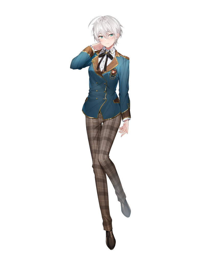 1girl, absurdres, bangs, black_ribbon, blue_eyes, blue_jacket, blush, brown_footwear