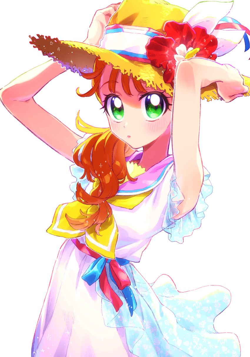 1girl, :o, absurdres, adjusting_clothes, adjusting_headwear, armpits, arms_up, blue_stripes