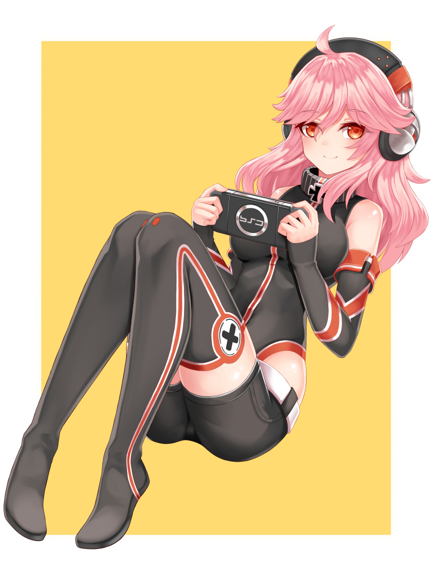 1girl, absurdres, black_footwear, black_shorts, boots, detached_sleeves, handheld_game_console, headphones