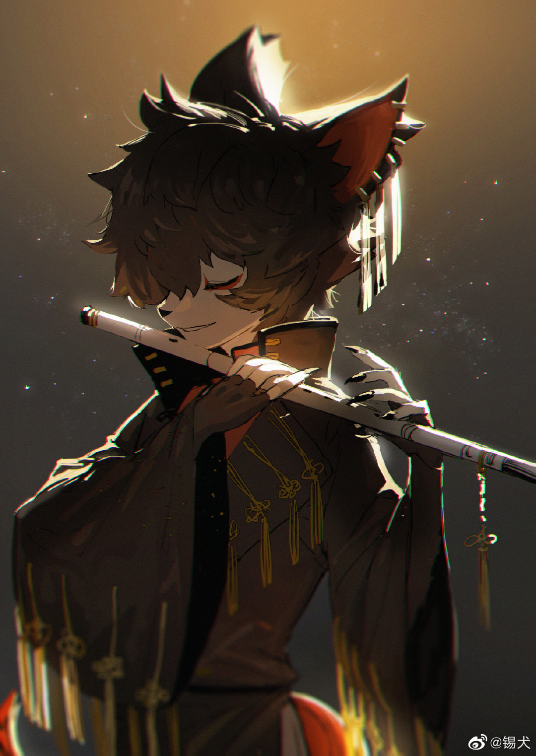 1boy, aak_(arknights), animal_ears, arknights, black_hair, black_jacket, cat_ears, closed_eyes