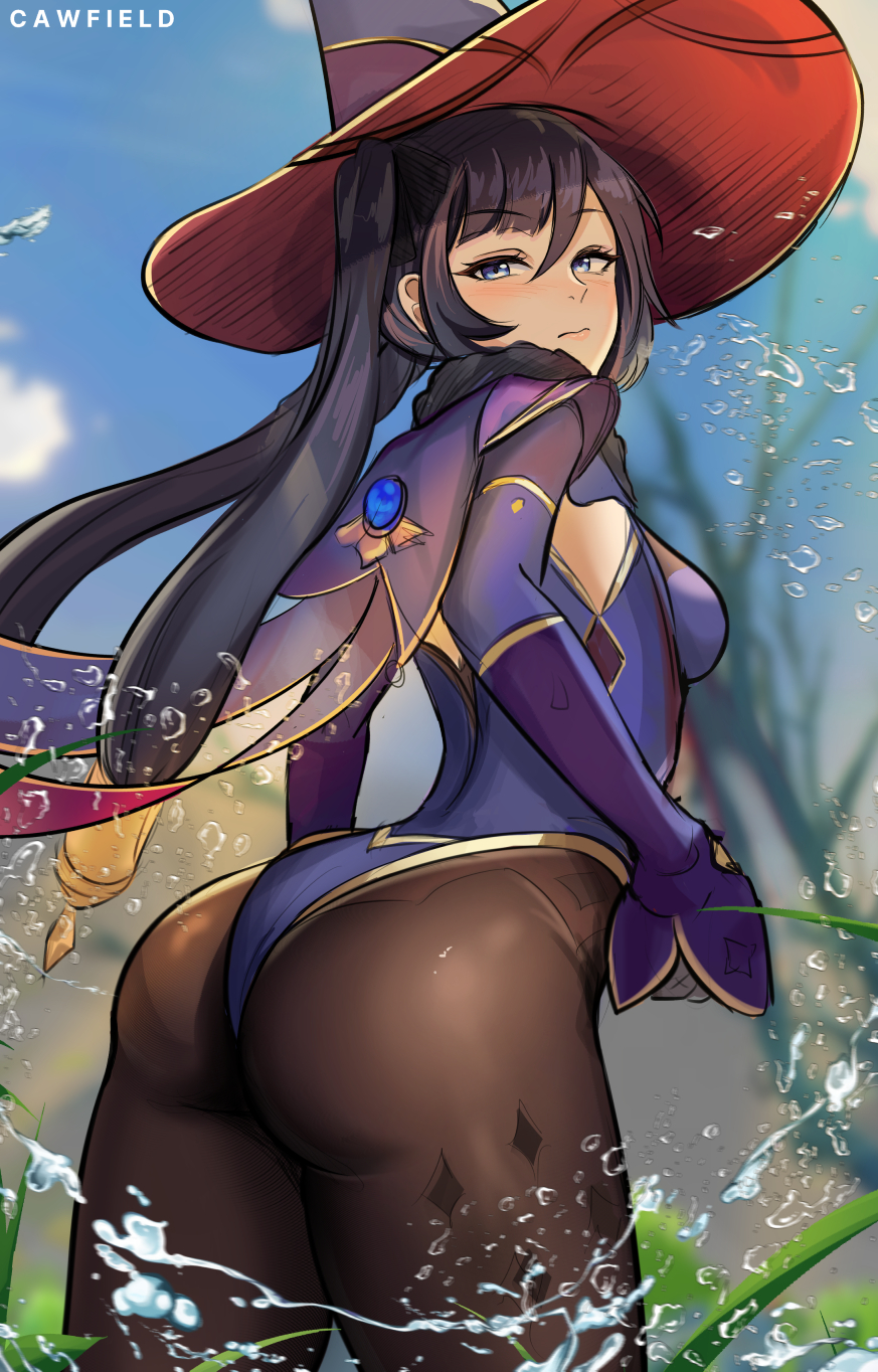 1girl, aqua_eyes, ass, black_hair, black_legwear, blue_leotard, breasts, capelet