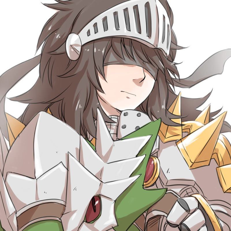 1boy, armor, bangs, barding, black_hair, blindfold, breastplate, chainmail