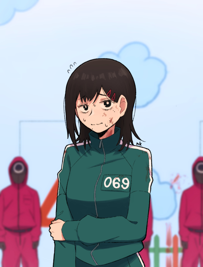 1girl, 3others, :s, alternate_costume, alternate_hairstyle, black_eyes, black_hair, black_mask