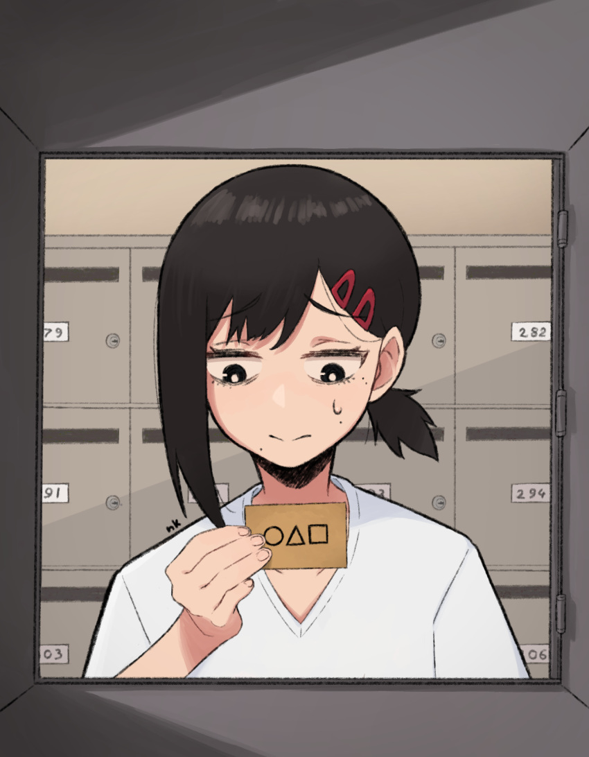 1girl, black_eyes, black_hair, bright_pupils, card, chainsaw_man, circle, closed_mouth