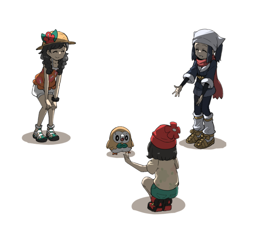 3girls, akari_(pokemon), bandana, beanie, bird, black_hair, blue_hair, braid