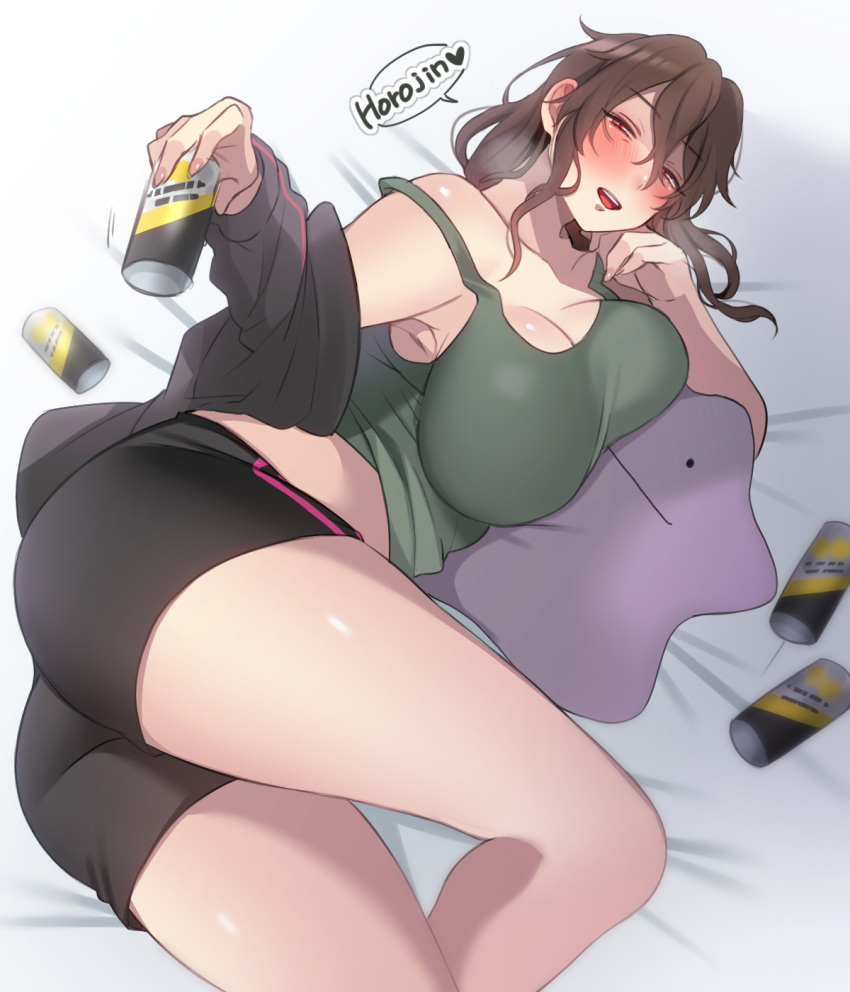 1girl, alcohol, ass, beer, beer_can, bike_shorts, blush, breasts