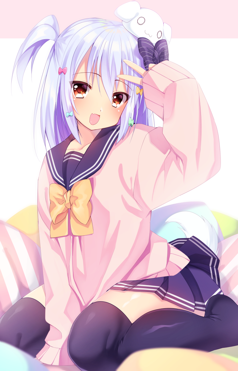1boy, :d, bangs, between_legs, black_legwear, blue_bow, bow, collarbone