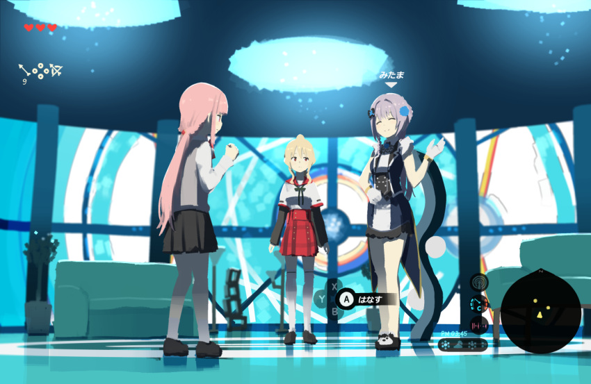 3girls, fake_screenshot, health_bar, kamihama_university_affiliated_school_uniform, magia_record:_mahou_shoujo_madoka_magica_gaiden, magical_girl, mahou_shoujo_madoka_magica, minimap