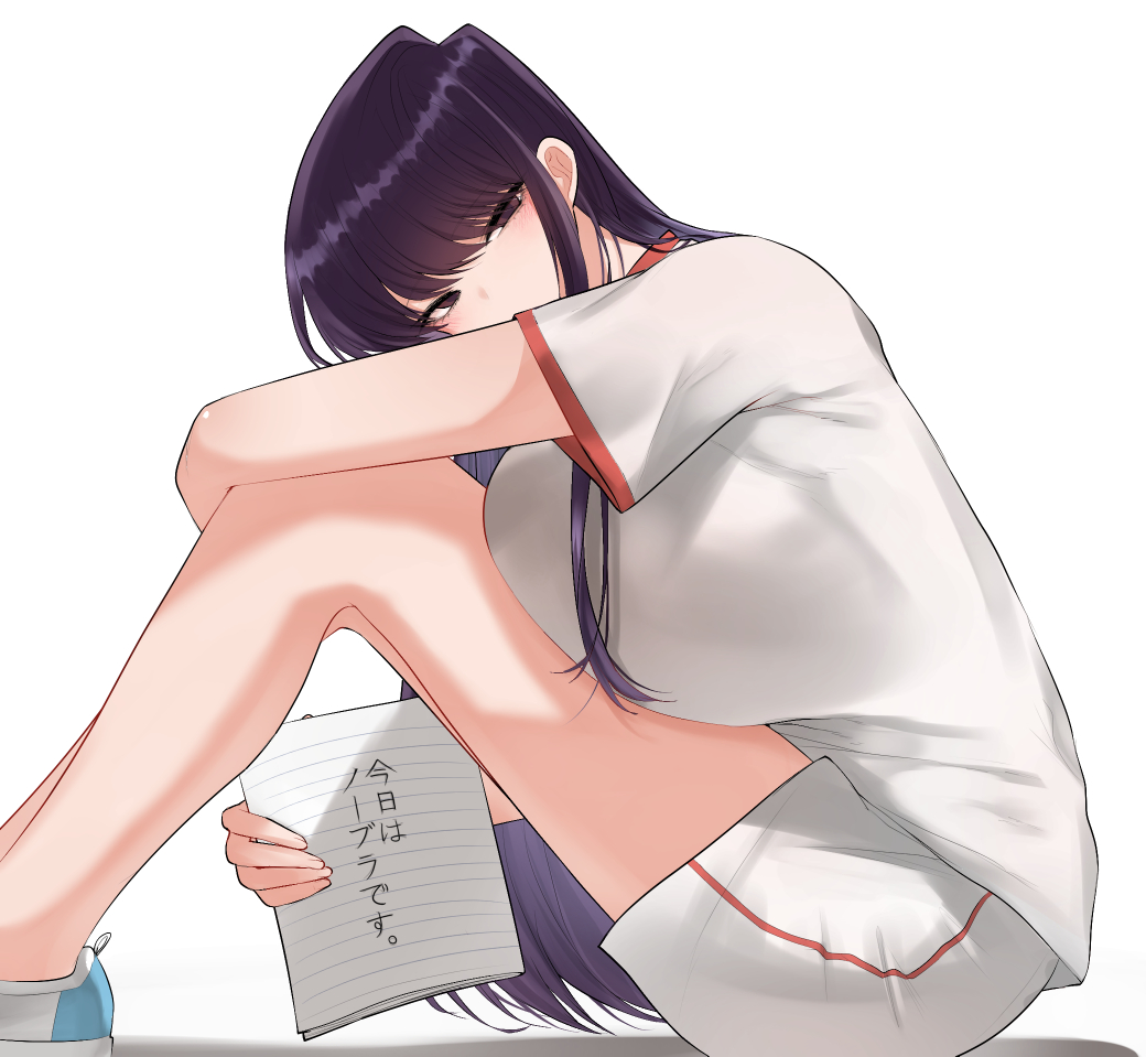 1girl, bare_legs, breast_press, breasts, brown_eyes, commentary, from_side, komi-san_wa_komyushou_desu