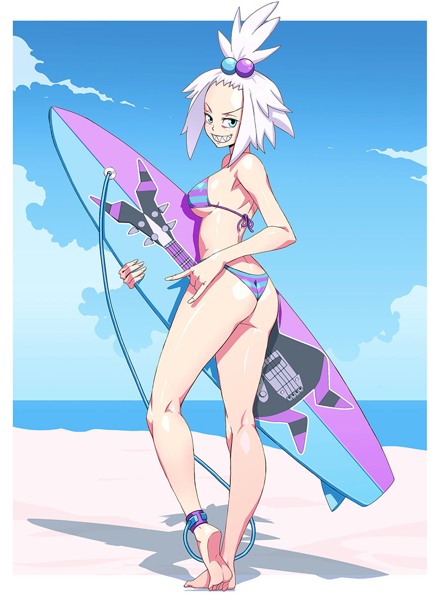 1girl, ass, beach, bikini, blue_eyes, breasts, commission, day