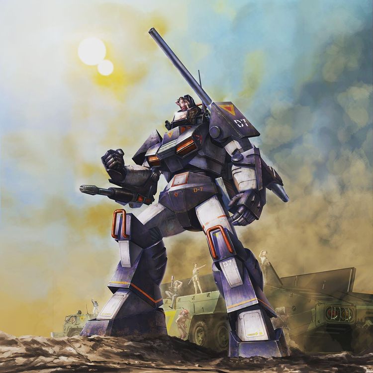 1girl, 6+boys, arm_cannon, billy_bohl, box_art, brown_hair, canary_donetto, canopy_(aircraft)