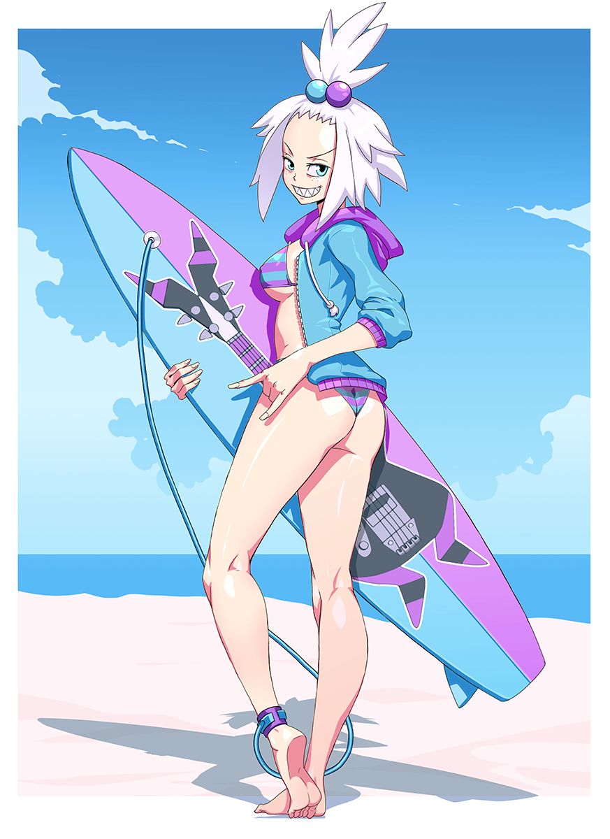 1girl, ass, beach, bikini, blue_eyes, breasts, commission, day