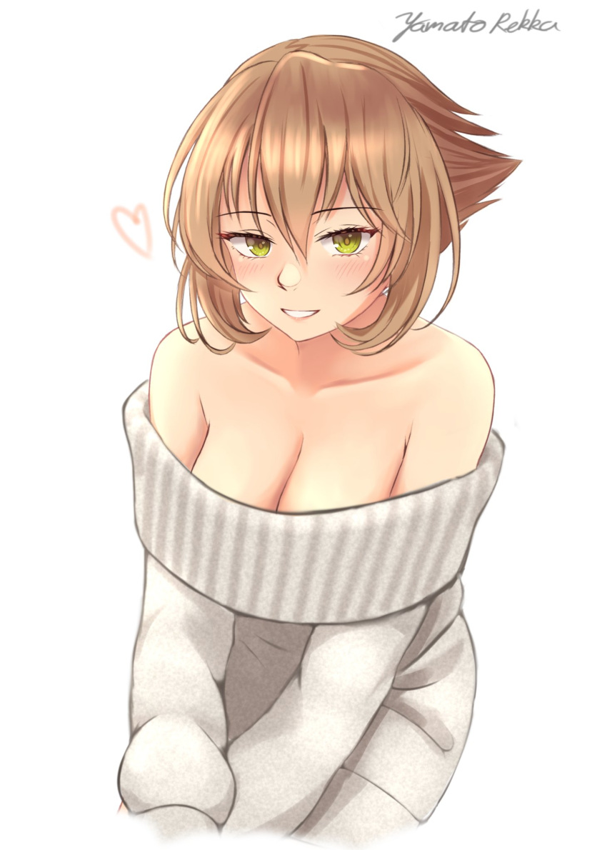 1girl, bare_shoulders, blush, breasts, brown_hair, cropped_arms, cropped_legs, green_eyes