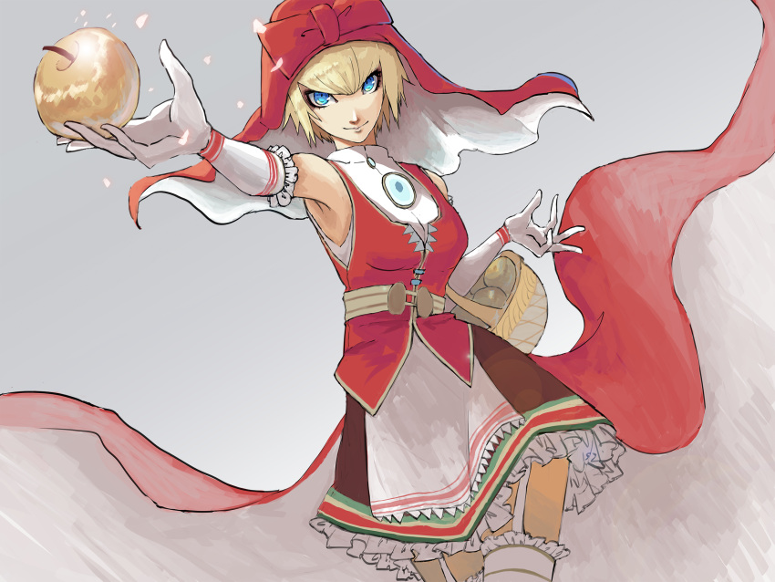1girl, aoj310, apple, apron, basket, blonde_hair, blue_eyes, dress, elbow_gloves, food, frills, fruit, garter_straps, gloves, golden_apple, highres, hood, idunn_(megami_tensei), looking_at_viewer, red_hood, shin_megami_tensei, shin_megami_tensei_v, short_hair, simple_background, smile, solo, thigh-highs