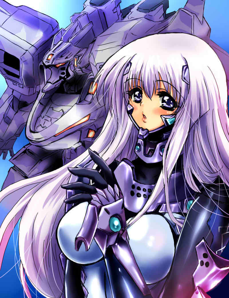 1girl, 2000s_(style), :o, bangs, black_gloves, blue_eyes, blush, breasts, eyebrows_visible_through_hair, fortified_suit, gloves, inia_sestina, large_breasts, long_hair, looking_at_viewer, mecha, muvluv, muvluv_alternative, muvluv_total_eclipse, open_hand, orange_eyes, parted_lips, pilot_suit, purple_hair, su-37_terminator_(muvluv), tactical_surface_fighter, wpdh4443