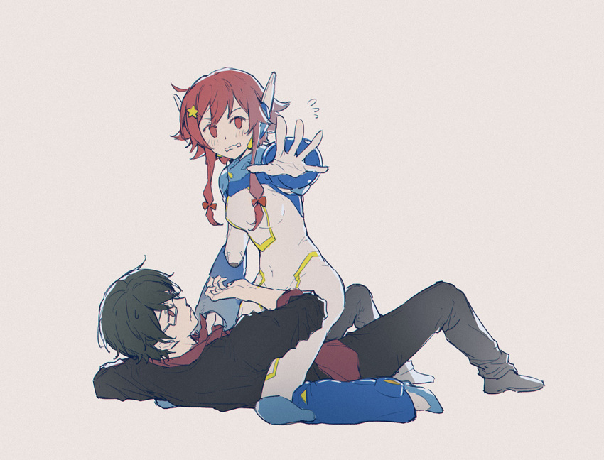 18_(backstreetno18), 1boy, 1girl, akagi_rin, bangs, black_footwear, black_hair, black_jacket